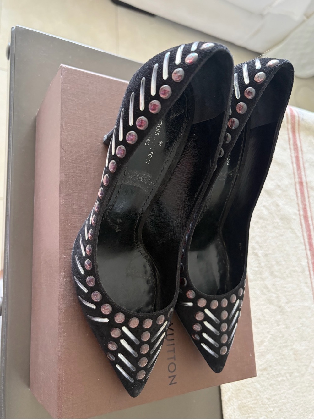 Louis Vuitton Black Suede Pointed Heels with Pink and Silver Studs